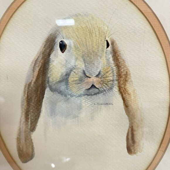 Vintage MCM Wood Framed Original Watercolor Painting Rabbit E Youngberg Easter - Picture 2 of 5